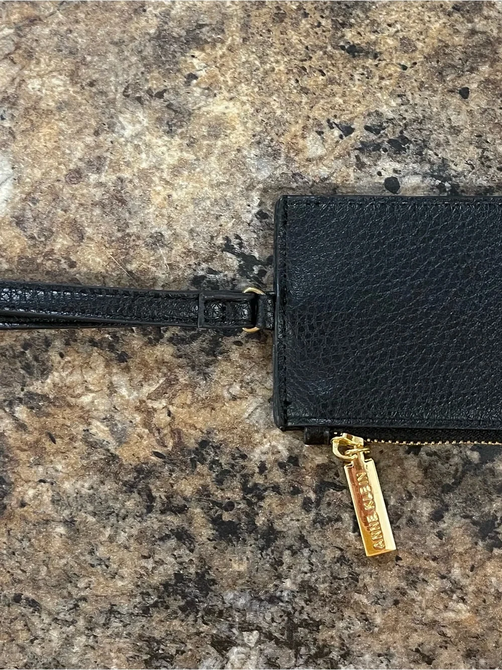 Anne Klein black pebble leather zip wristlet with gold hardware